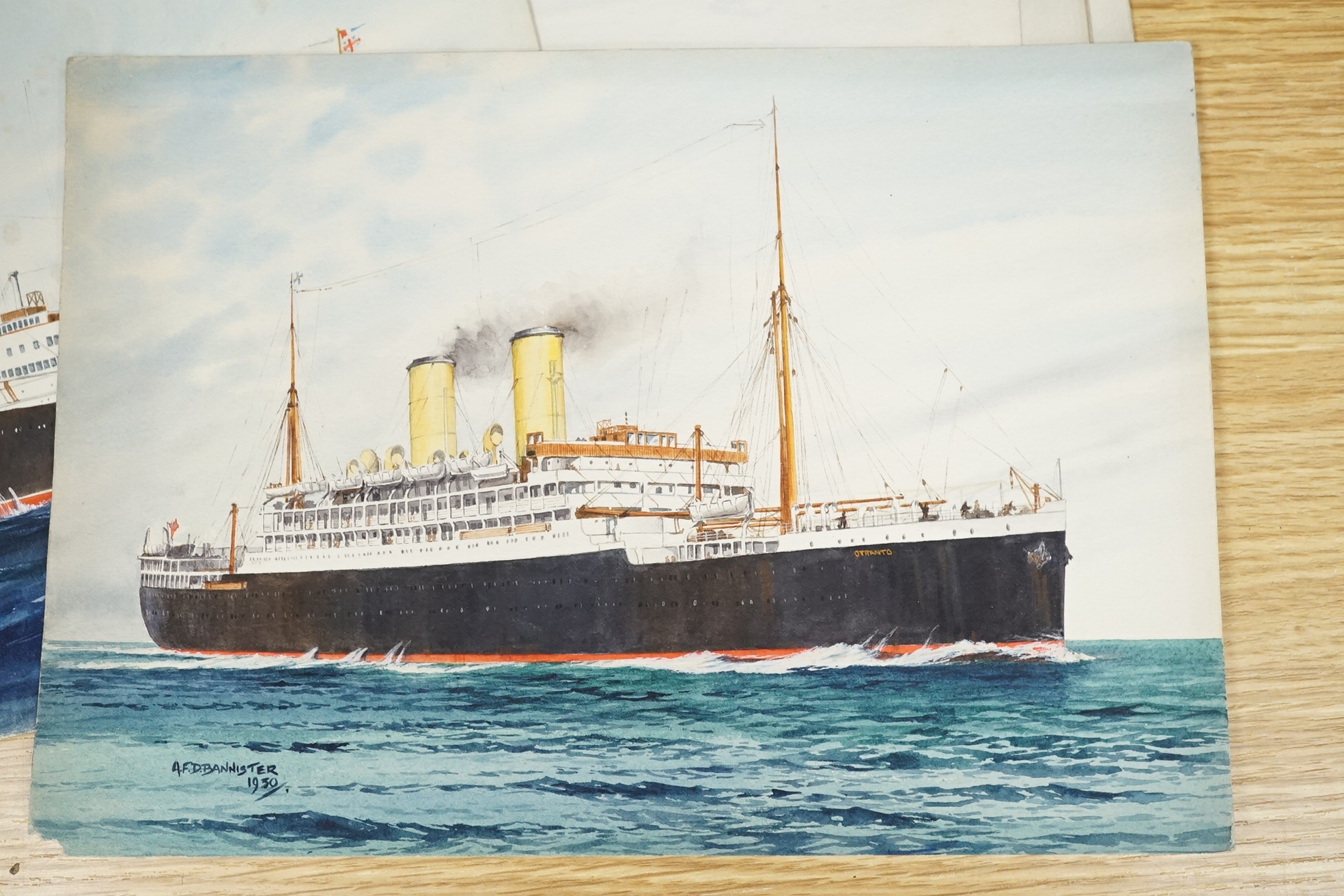 A F D Bannister, set of six original watercolours for postcard designs, Ocean going vessels to include Otranto, Orient Line, Highland Monarch Royal Mail Line and Arandora Star Blue Star Line, each with original pencil in